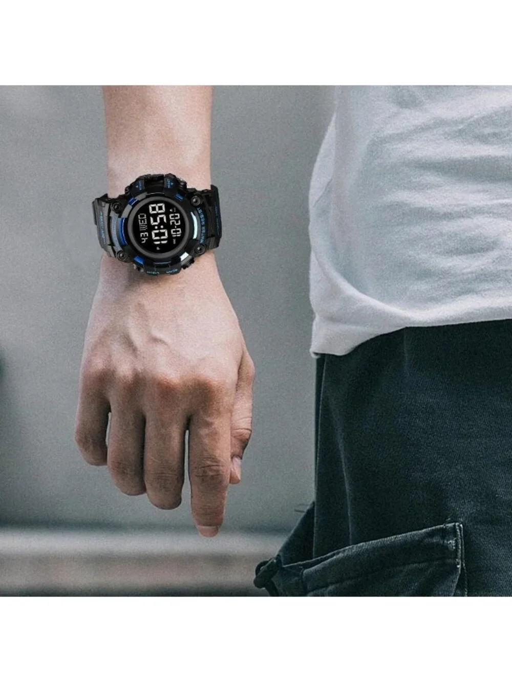 Men's Black Blue Analog Quartz Rubber Band Waterproof Electronic Digital Watch